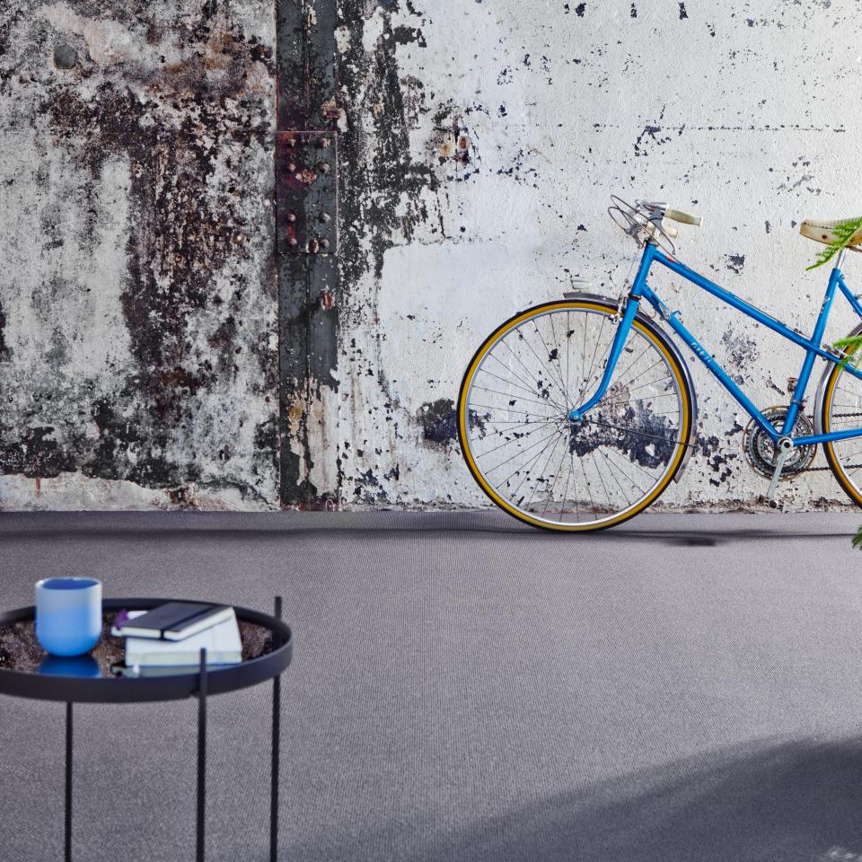 vanbesouw grijs tapijt blauwe fiets